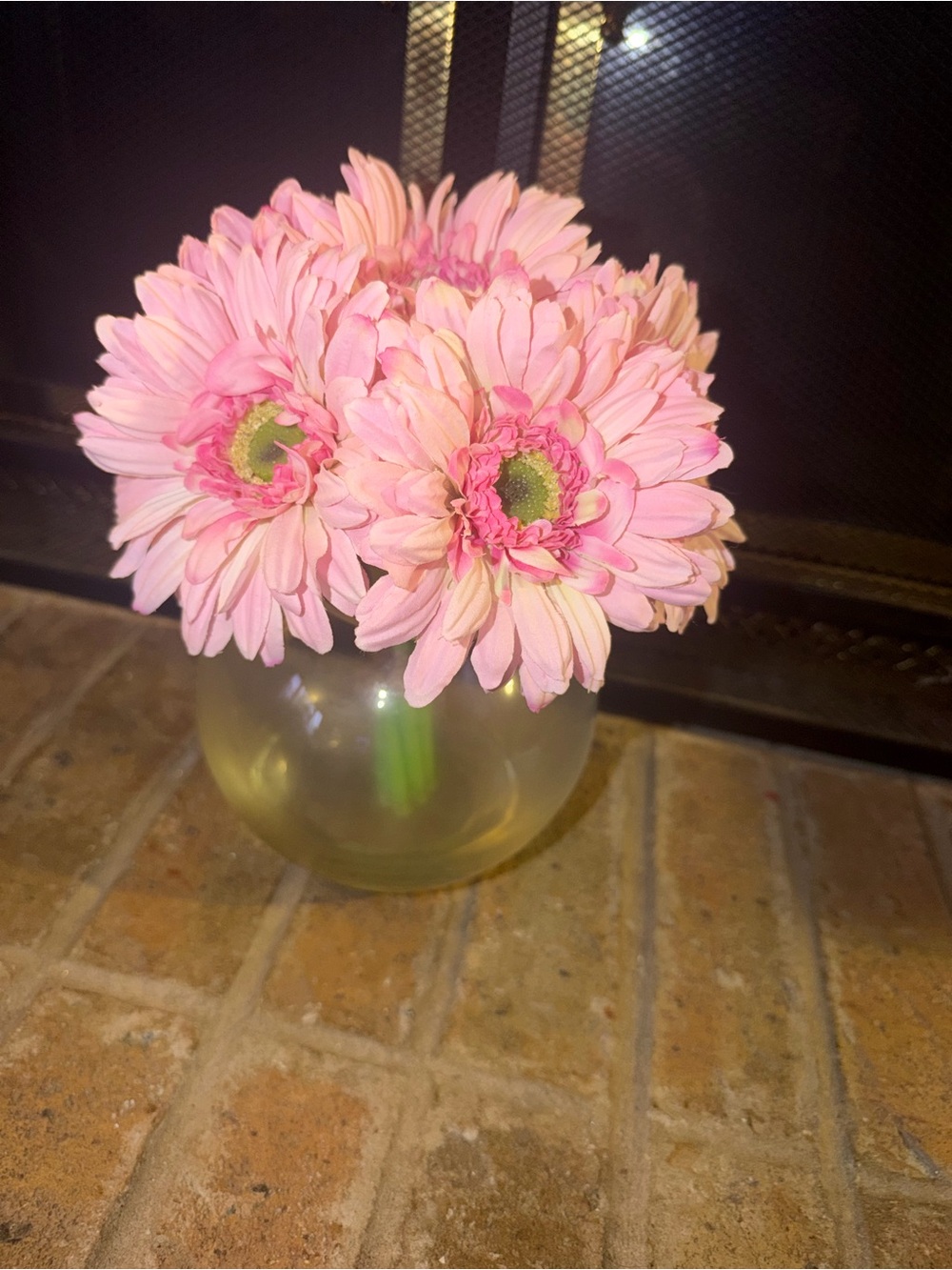 Pink Gerbera Daisy Faux Arrangement in Round Glass Vase - Home Accents